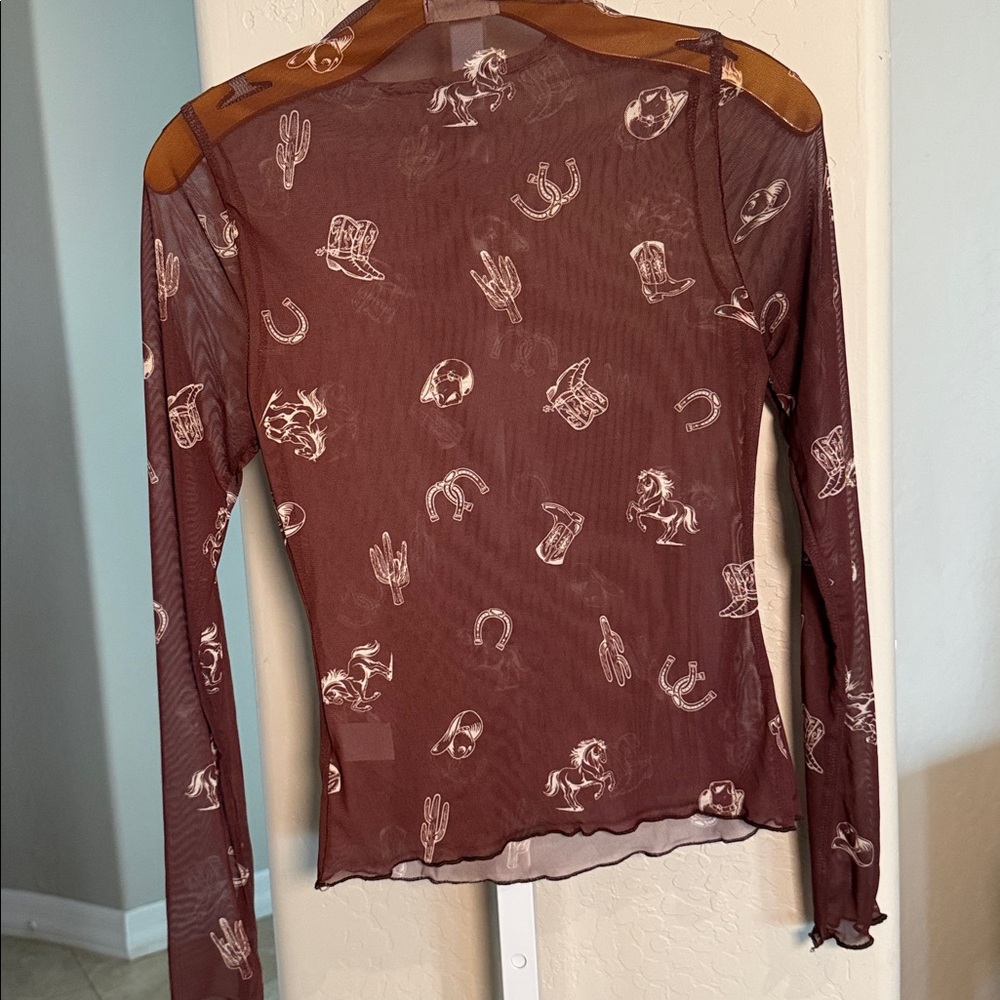 J.Her Sheer Long Sleeve Top with Western Print - Picture 3 of 6